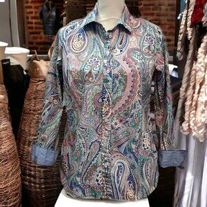 Talbots Pastel Paisley & Contrast Stripe Casual Button Down Blouse Size‎ MP